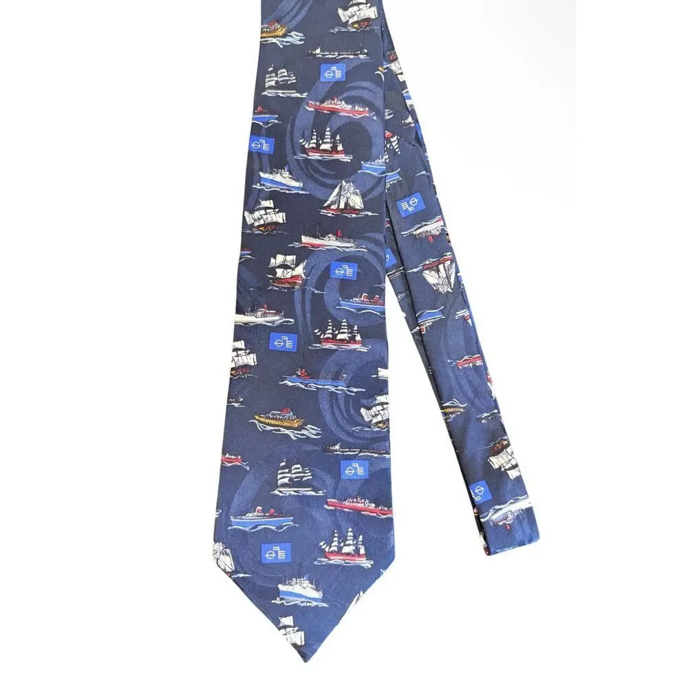 Wembley Men’s 109% Silk Tie All Over Boat Pattern Navy Blue 58” Nautical Career